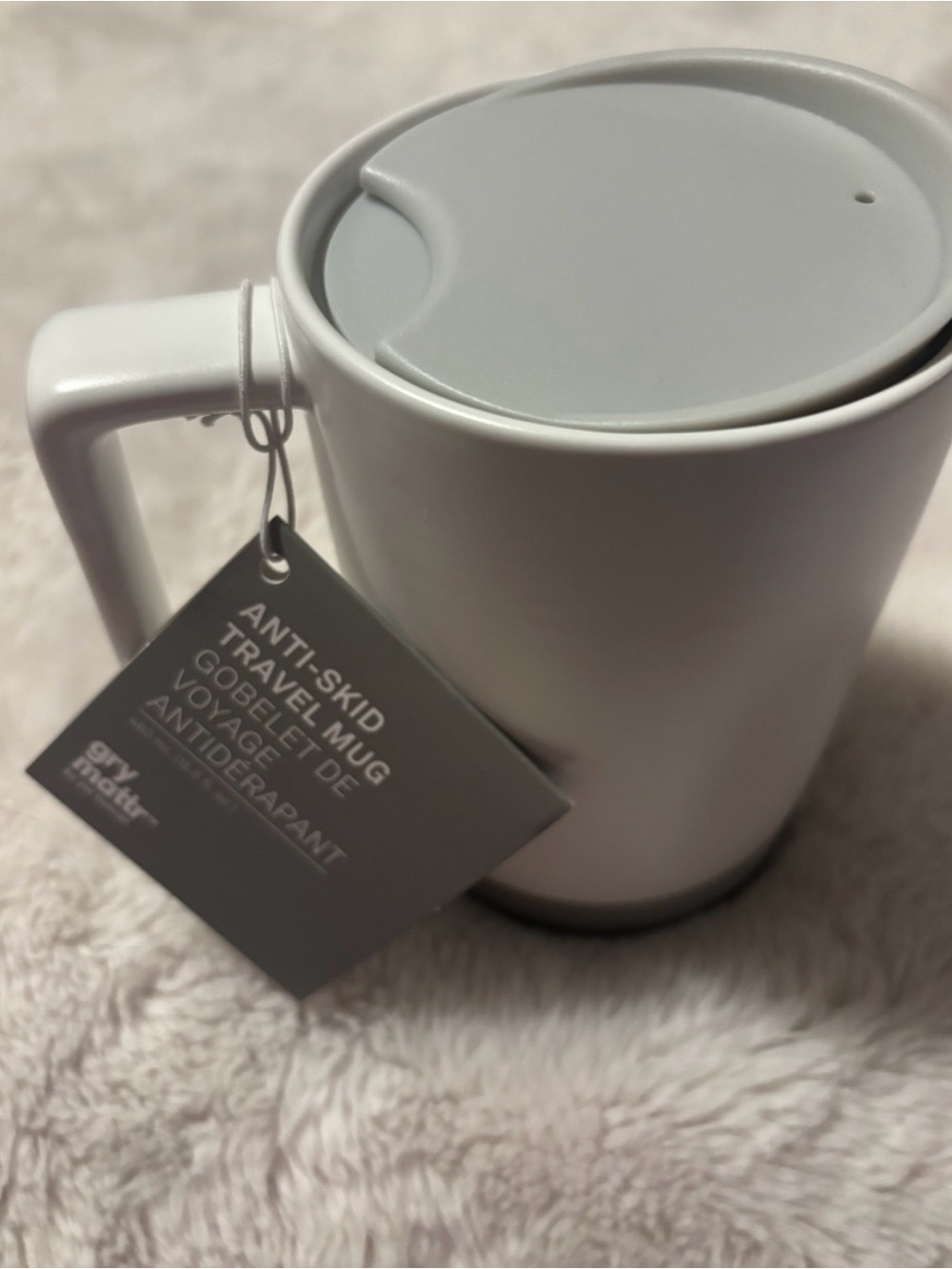 Travel Mug with Lid - White Ceramic Mug with Grey Anti-Skid Base